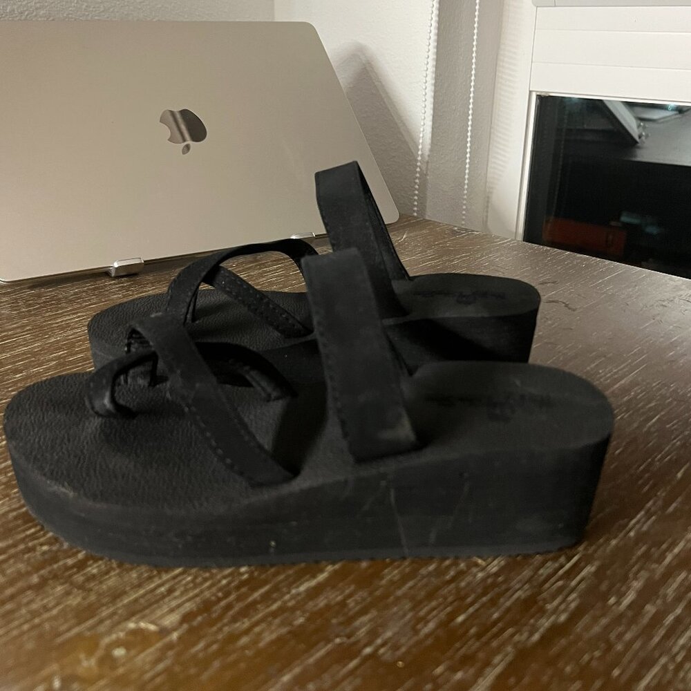 Black Strappy Platform Wedge Sandals | Size 38 (US 7-7.5) | Boho Foam Flip Flops